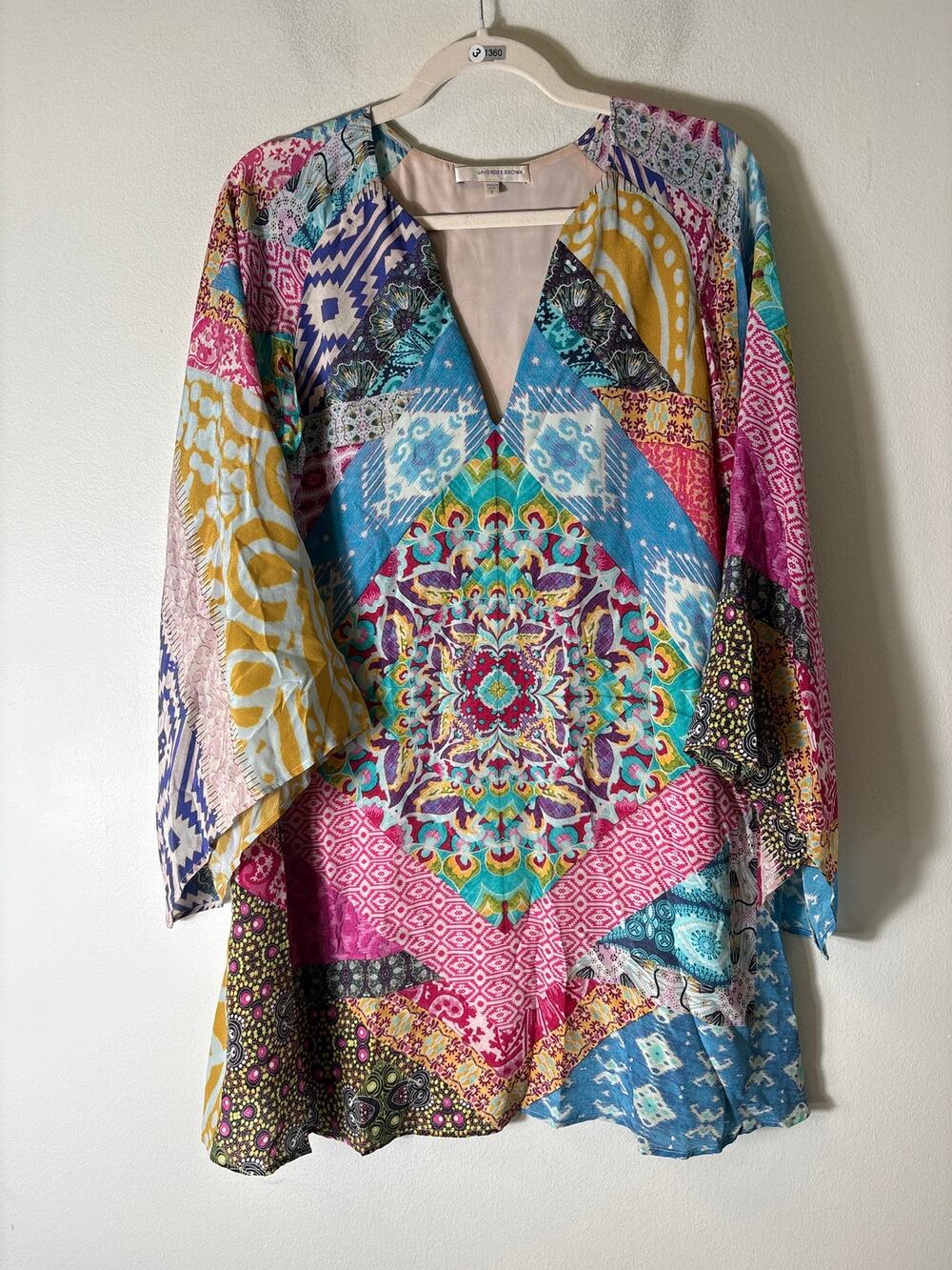 Lavender Brown Multicolor Long Sleeve A-Line V-Neck Mini Dress Sz S